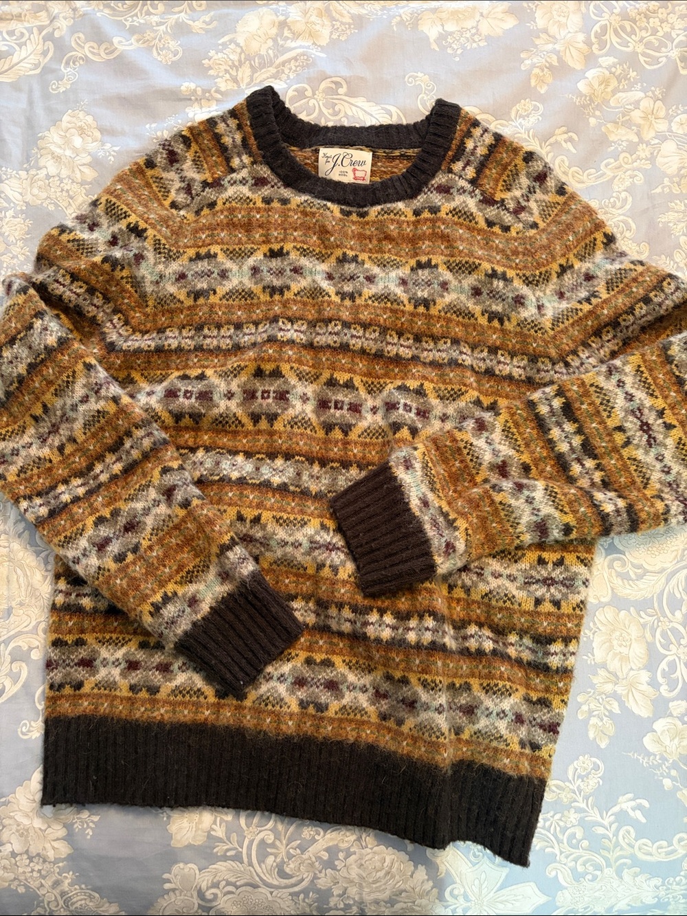 J. Crew Men's Fair Isle Crewneck 100% Wool Sweater in Brown / Cream Sz. Medium